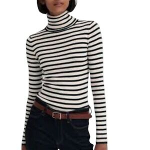 Uniqlo Merino Wool Turtleneck Sweater Size XL Striped Beige and Black